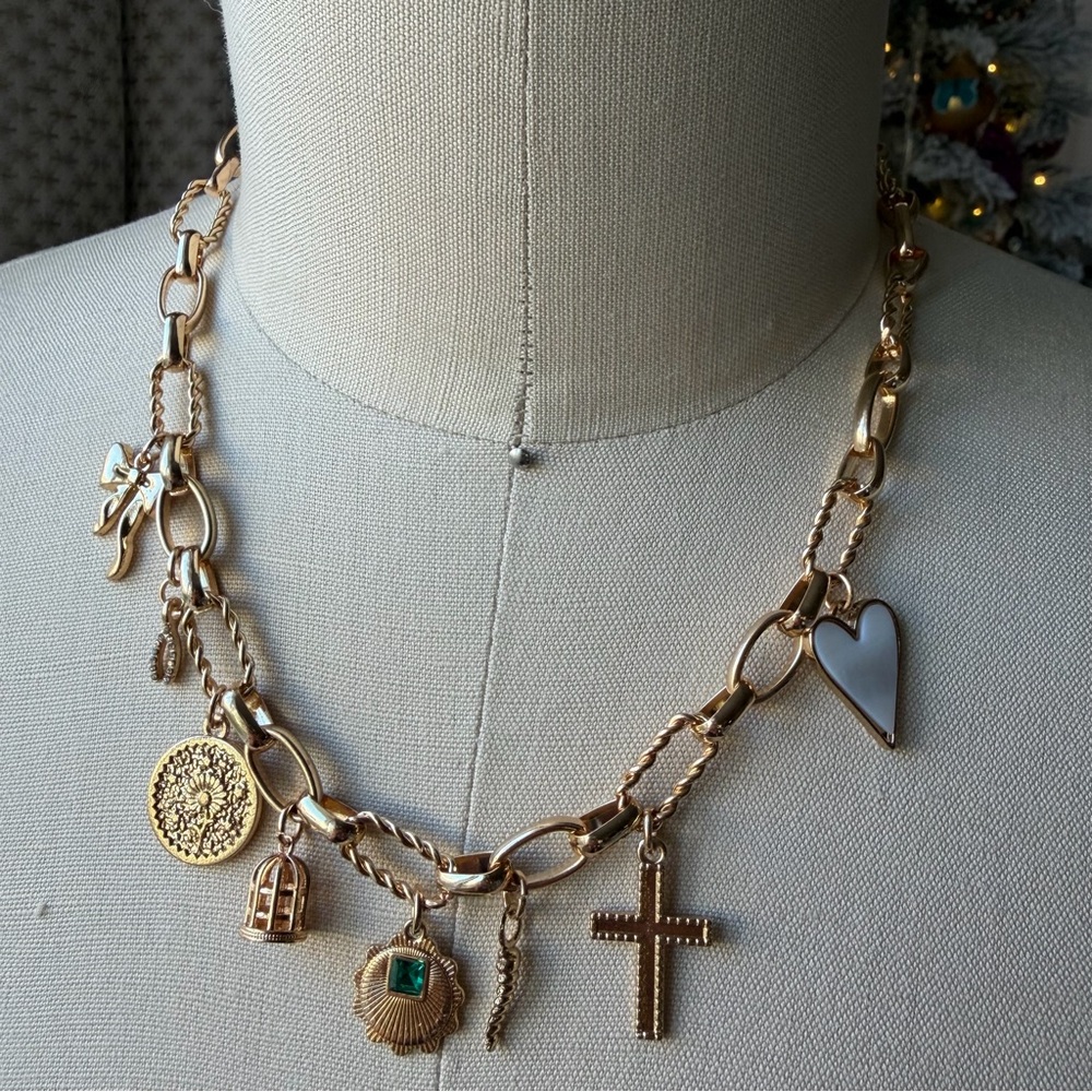 Chic Gold Charm Fashion Statement Gold 17" + 3" Necklace with Heart and Cross